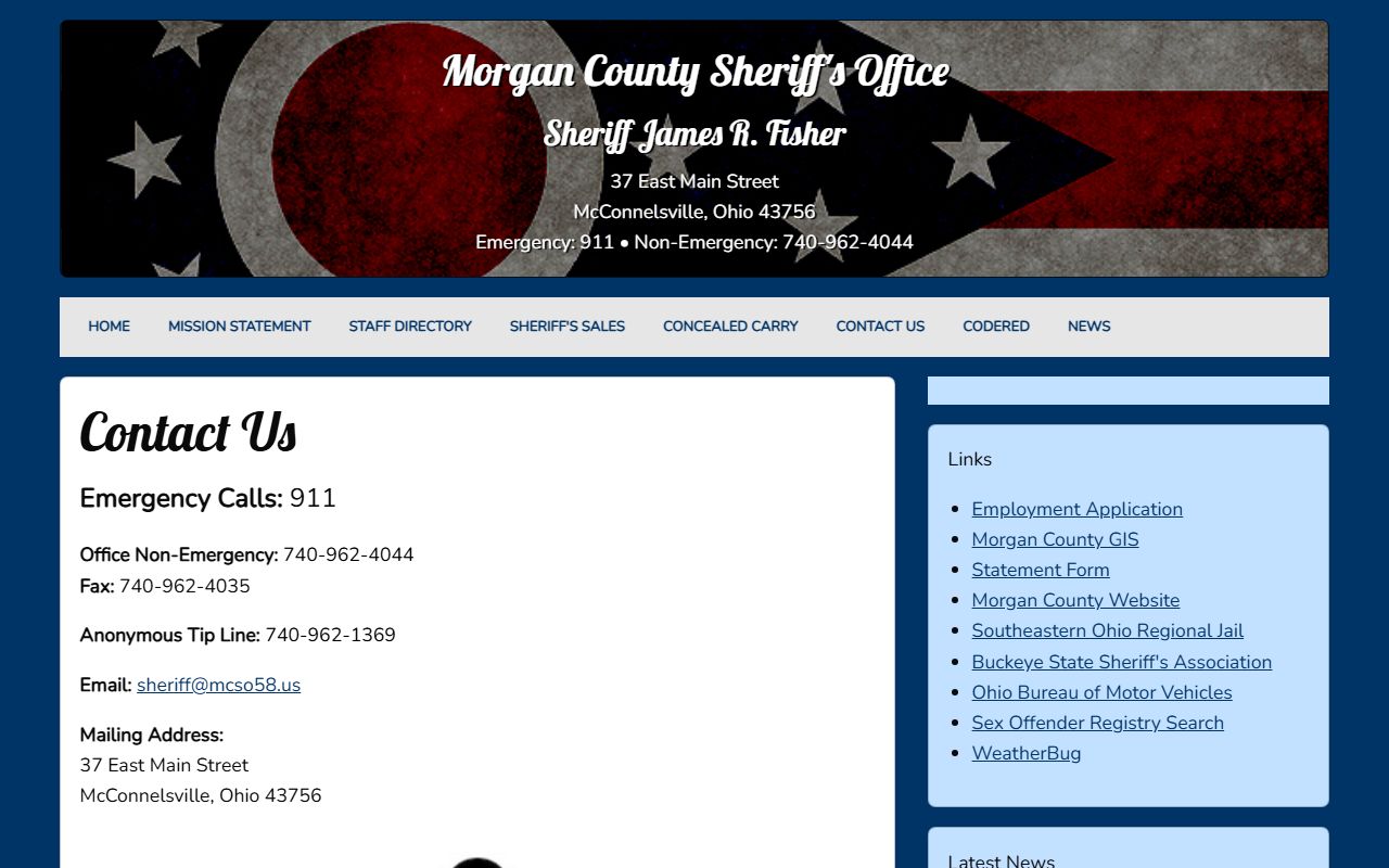 Morgan County Sheriff contact page with non-emergency phone, fax, tip line, email, and mailing address