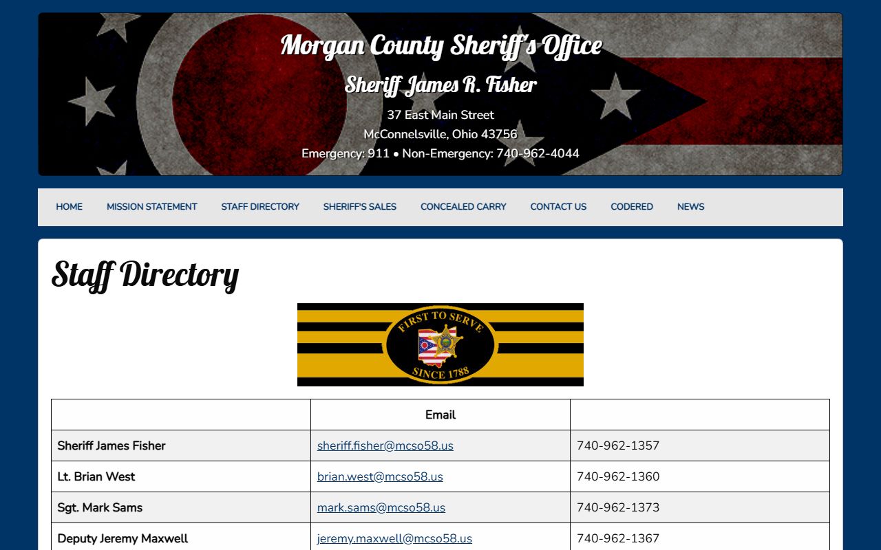 Morgan County Sheriff staff directory showing sheriff leadership, jail administrator, transport, dispatch, and administrative contacts