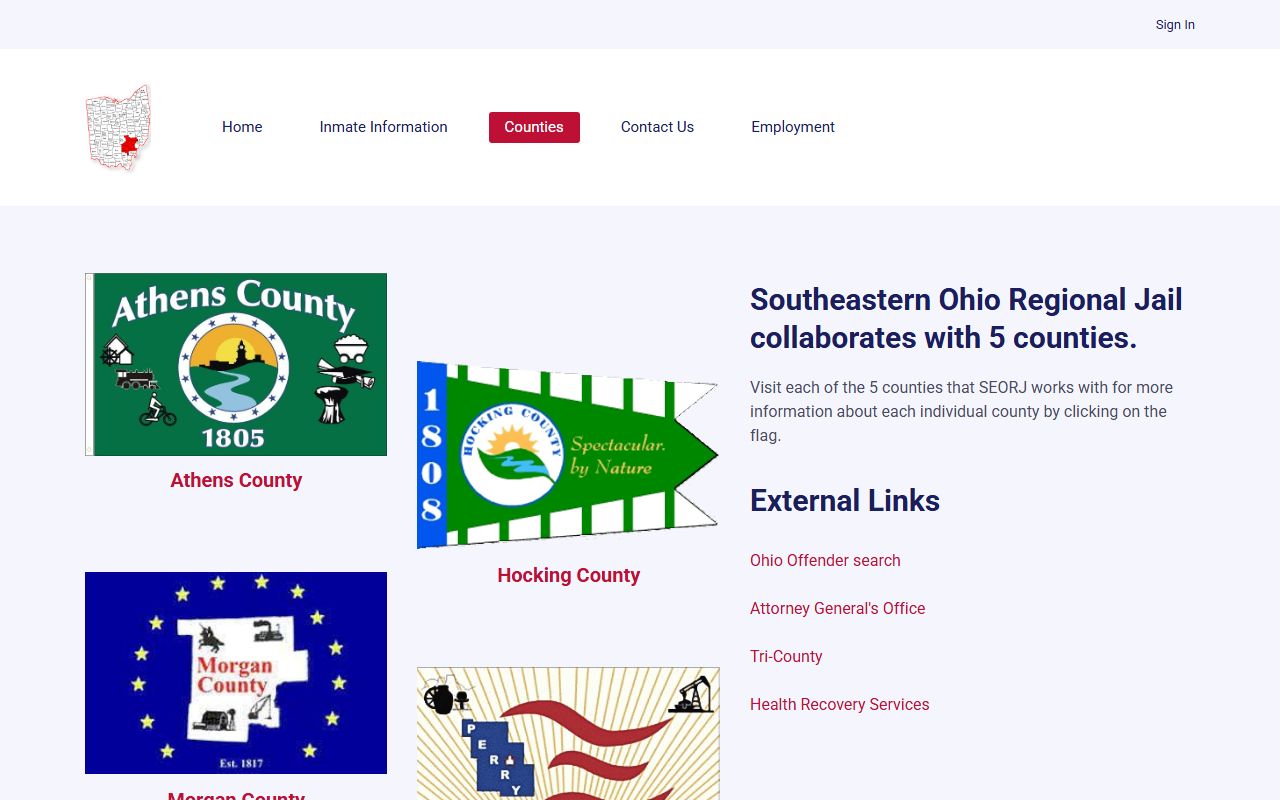 Southeastern Ohio Regional Jail counties page showing Athens, Hocking, Morgan, Perry, and Vinton County links